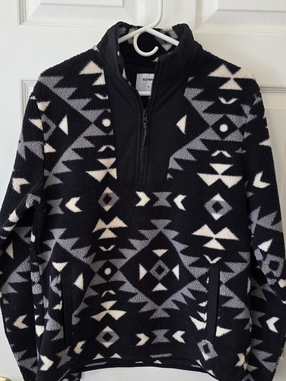 Old Navy Black, Gray & White Aztec Sherpa Quarter-Zip Pullover